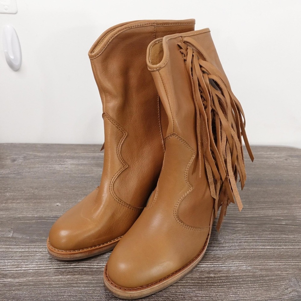 New!‎ Frye Corinne Fringe Baby Calf Boots Womens Size 6 Toffee Mid-Calf Western